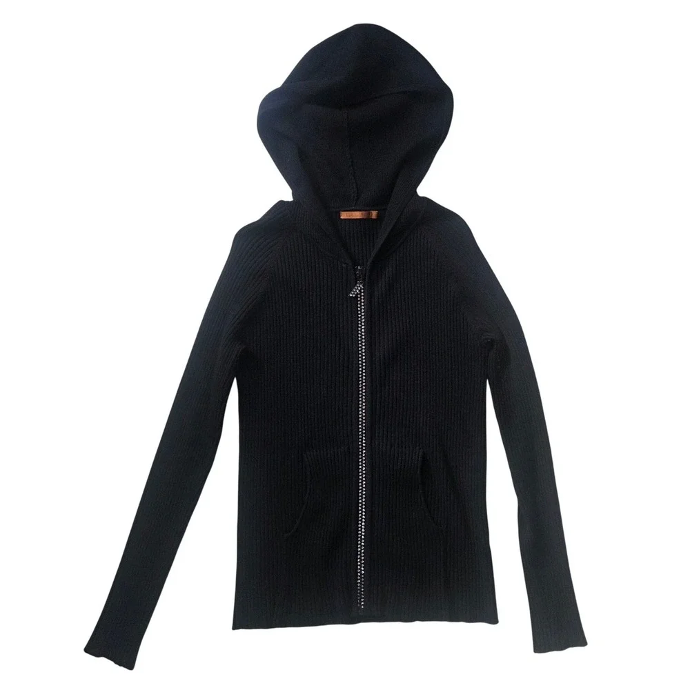 Belldini Black Ribbed Knit Rhinestone Zip Up Hoodie Sweater XL Y2K Bling